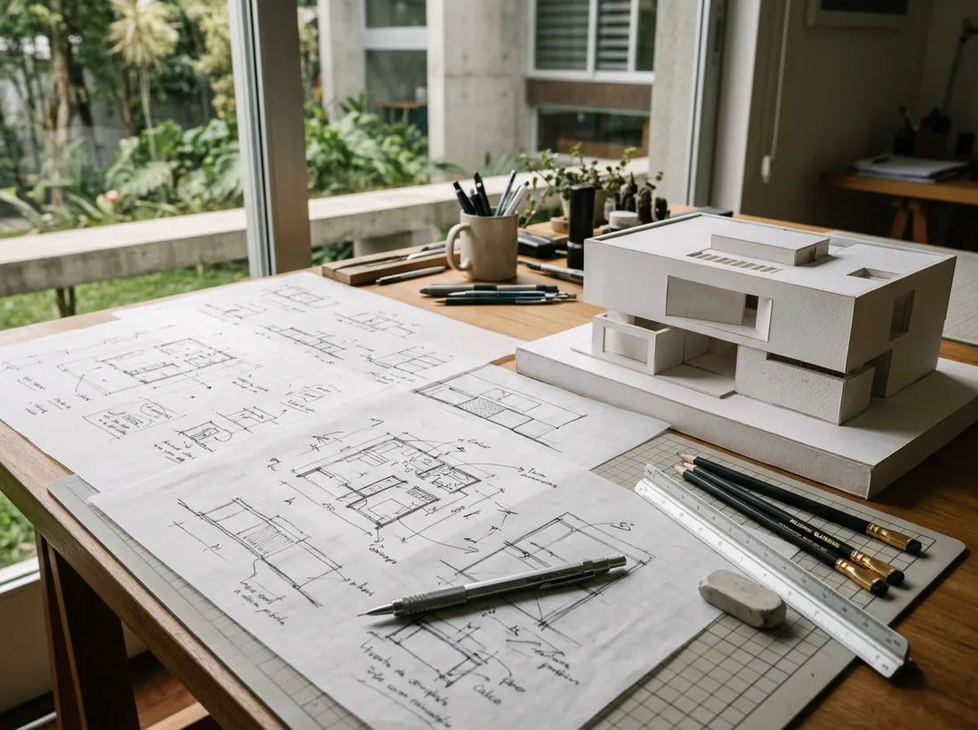 Croquis e maquete no ateliê
